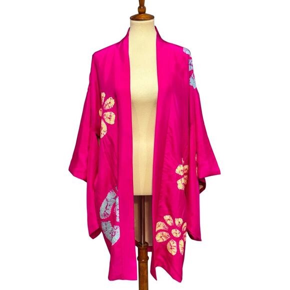 Vintage Other - VTG Japanese Magenta Pink Silk Haori Kimono Jacket Shibori Floral, One Size